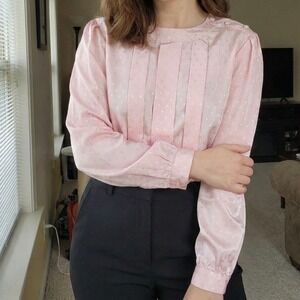 Vintage 80s Objectives Size 14 $75 Pink Satin Polka Dot Ribbon Front Crew Blouse